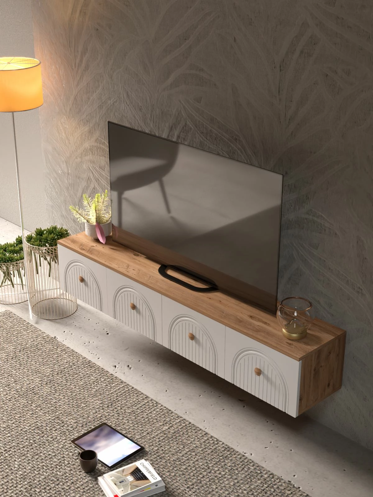 Komodë televizori Skye Decor, Lunera 180, ngjyrë pishë Atlantike dhe e bardhë