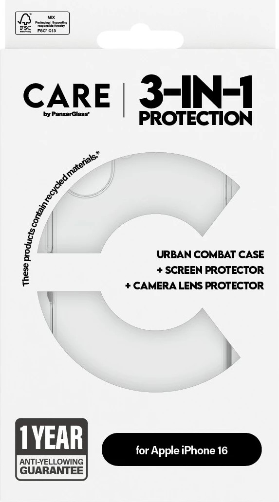 Mbështjellës PanzerGlass CARE Flagship 3-in-1 për iPhone 16, transparent