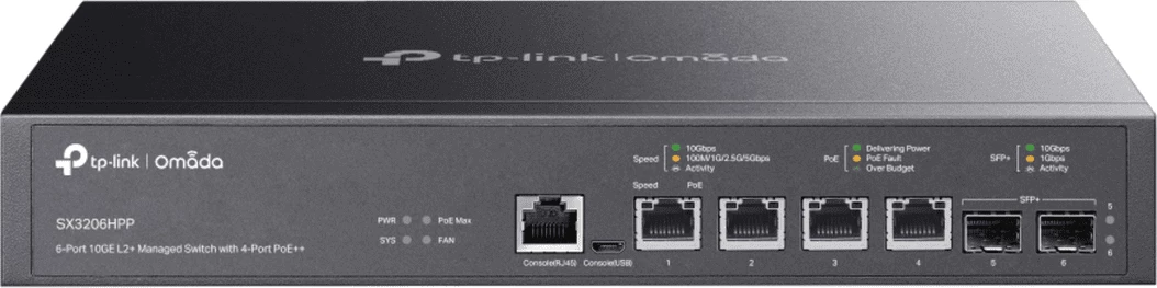 Switch TP-Link TL-SX3206HPP (SX3206HPP) 6 porta 10G L2+ me 4x PoE++ dhe 2x SFP+, e zezë