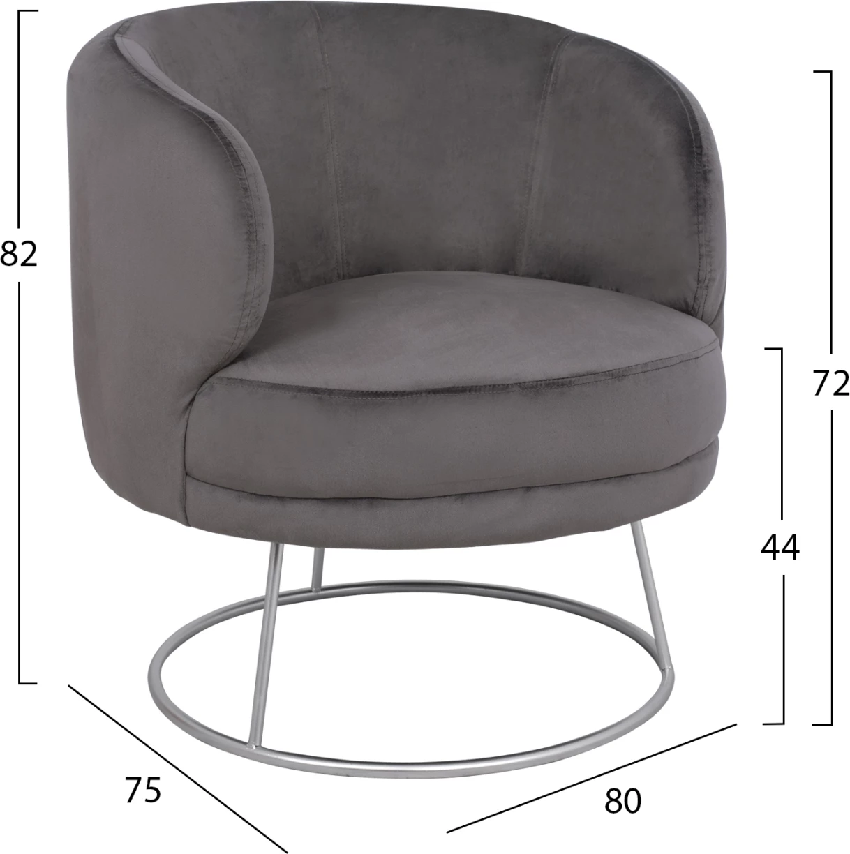 Karrige me krahë Arien FH8403.01, kadife gri, bazë argjendi 80x75x82cm