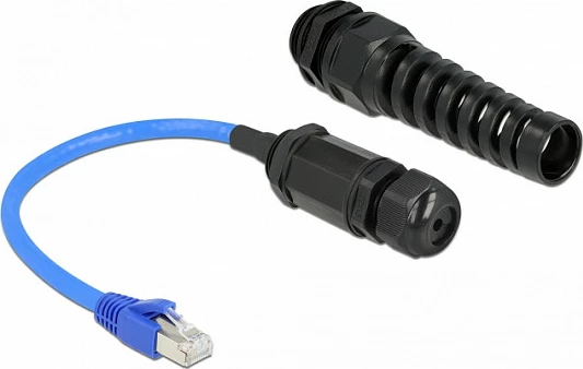 Kabllo Ethernet DeLOCK Cat6 RJ45 mashkull në RJ45 femër, IP68 waterproof, 0.25 m, e zezë/blu