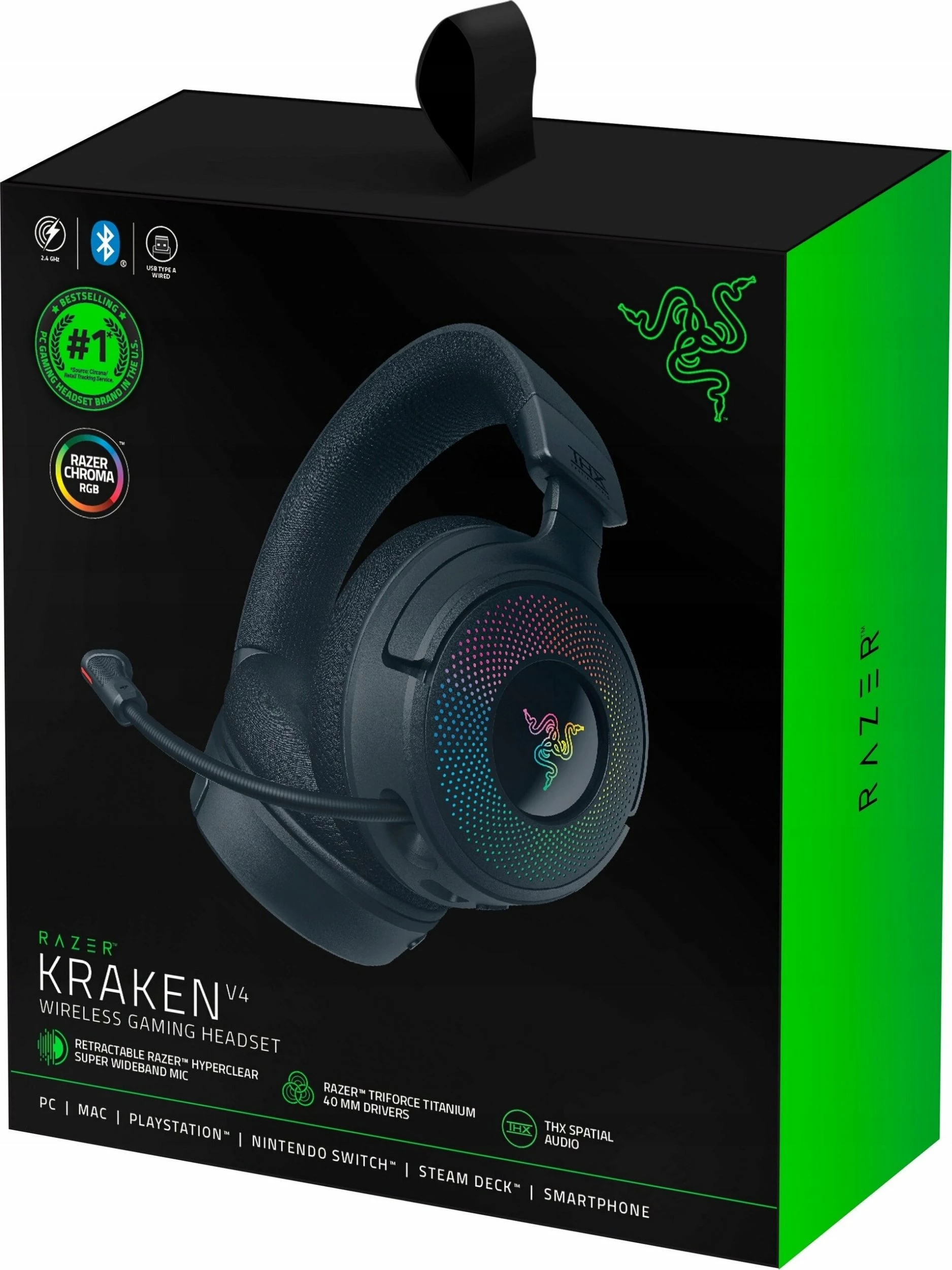 Kufje gaming Razer Kraken V4 (RZ04-05170100-R3M1), wireless, USB/USB-C, Bluetooth, THX Spatial Audio, RGB, të zeza