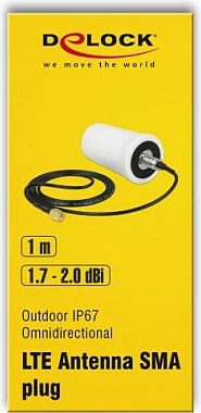 Antenë DeLOCK 12545, omni 2 dBi, SMA mashkull, 1 m kabllo, bardhë/zezë