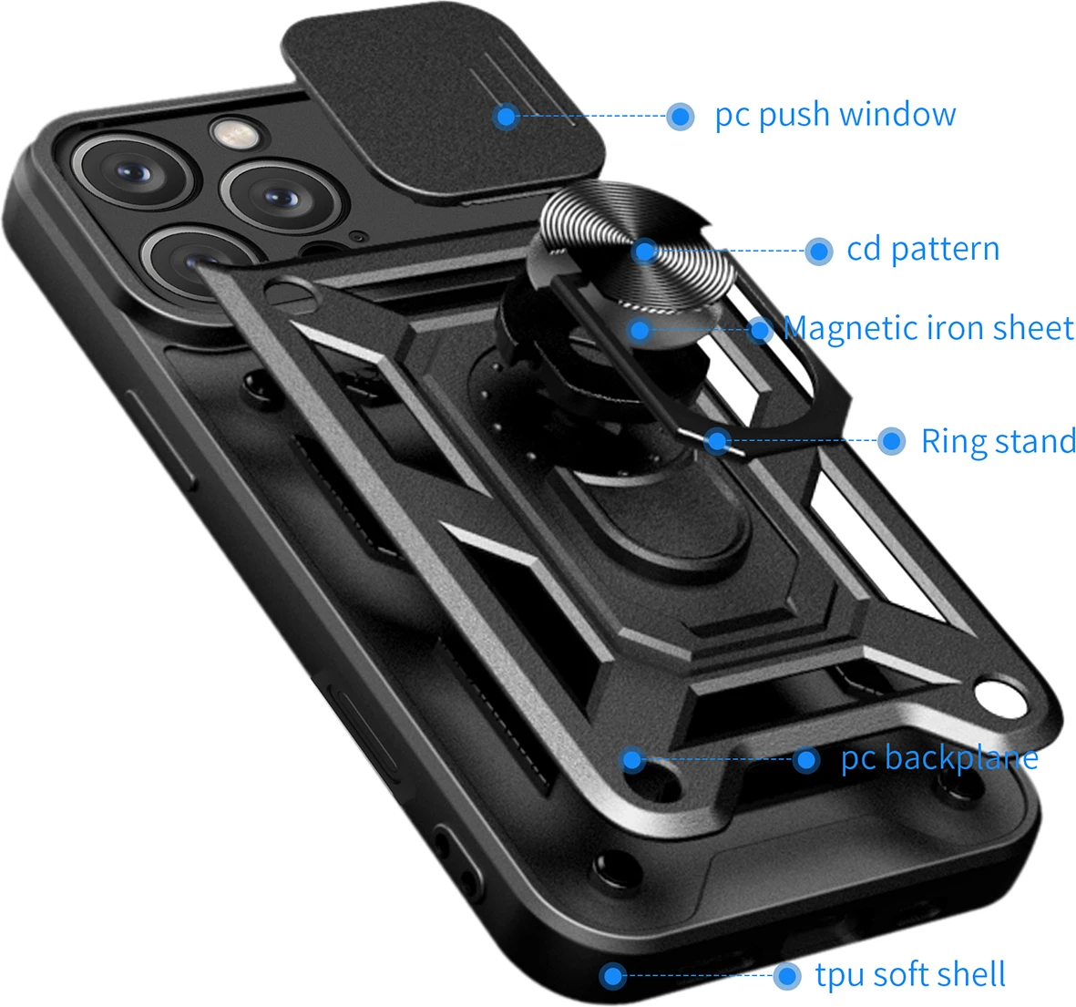 Mbështjellës Hurtel Hybrid Armor Camshield për iPhone 16 Pro, me kapak kamere dhe qëndrim, zi