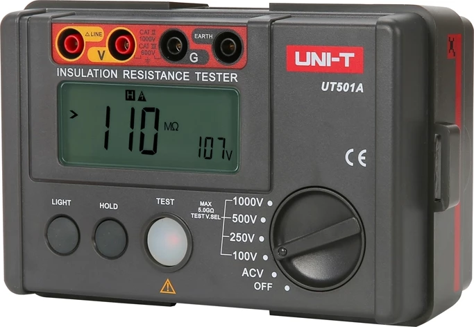 Testues izolimi, UNI-T UT501A, ekran LCD 2000-shifra, PI & DAR, tension prove 100–1000 V, alarm zanor, i kuq/gri, set me fije