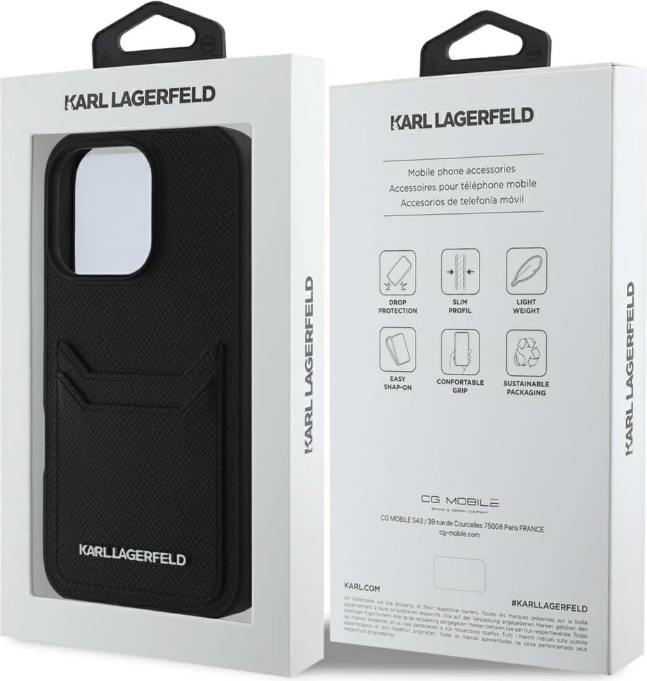 Mbështjellës Karl Lagerfeld HC Grained PU Cardslot Metal Elong për iPhone 16 Pro, i zi