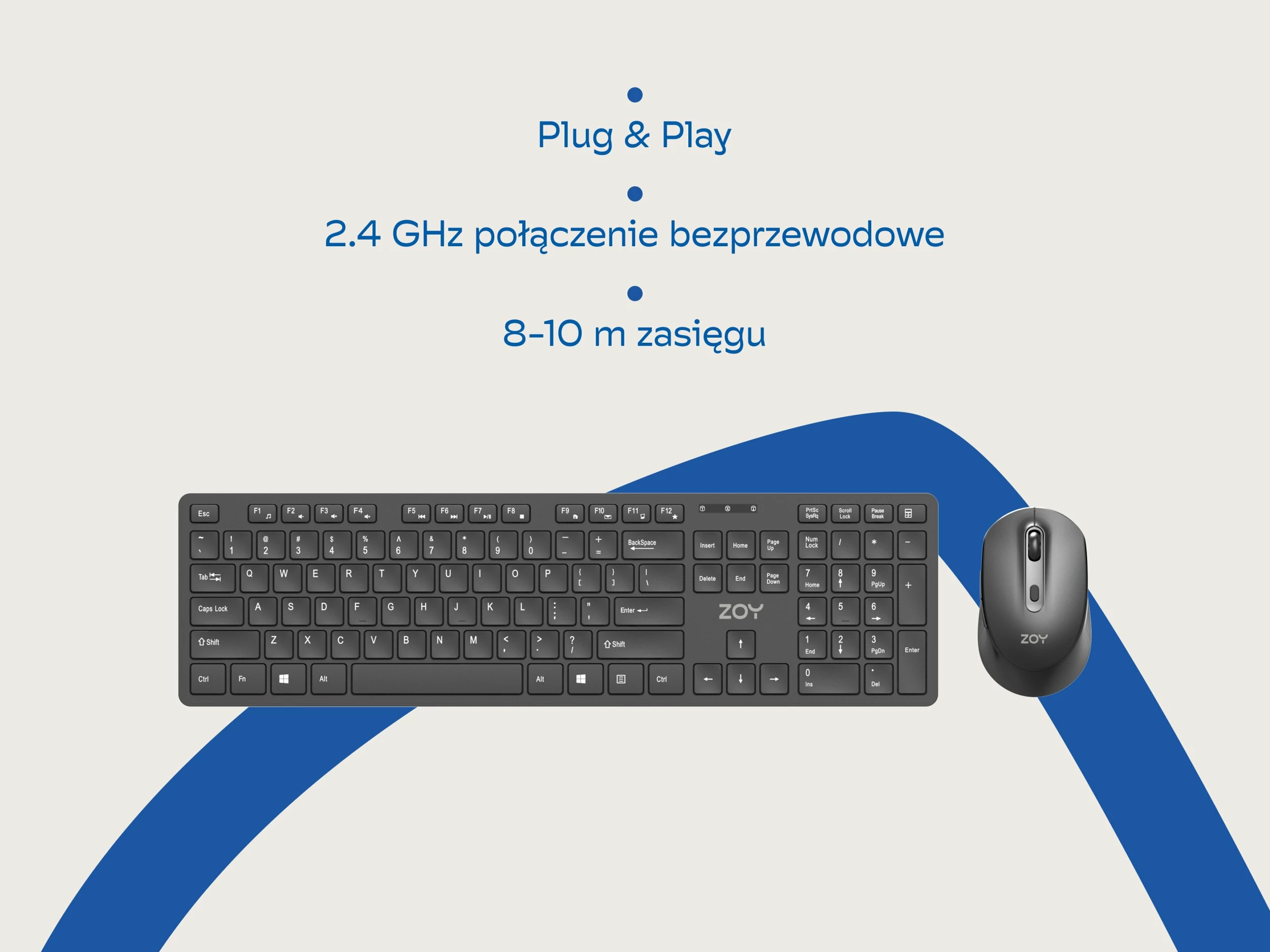 Set tastierë + Maus wireless ZOY ZKM888 2.4GHz, layout US, 106 taste, Plug & Play, i zi