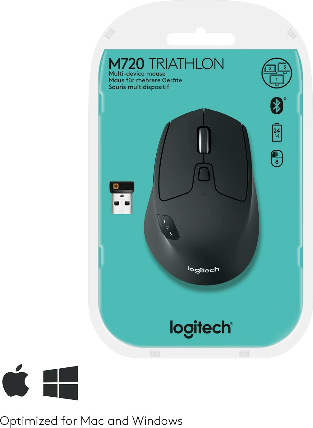Maus Logitech M720 Triathlon, Djathtas, Optik, RF Wireless + Bluetooth, 1000 DPI, Zi, Bardhë