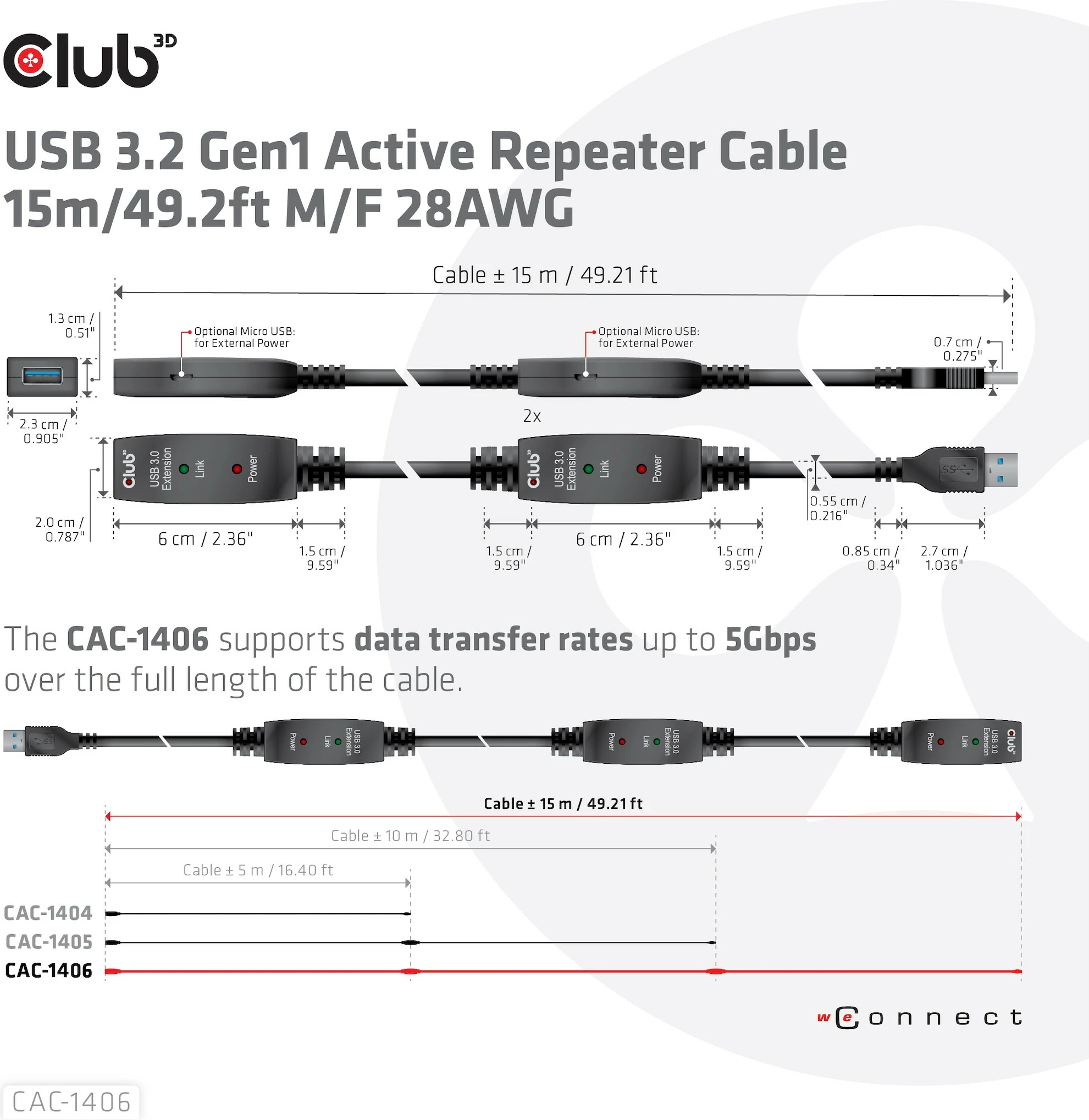 Kabllo USB zgjatuese Club3D 15m, USB 3.2, e zezë
