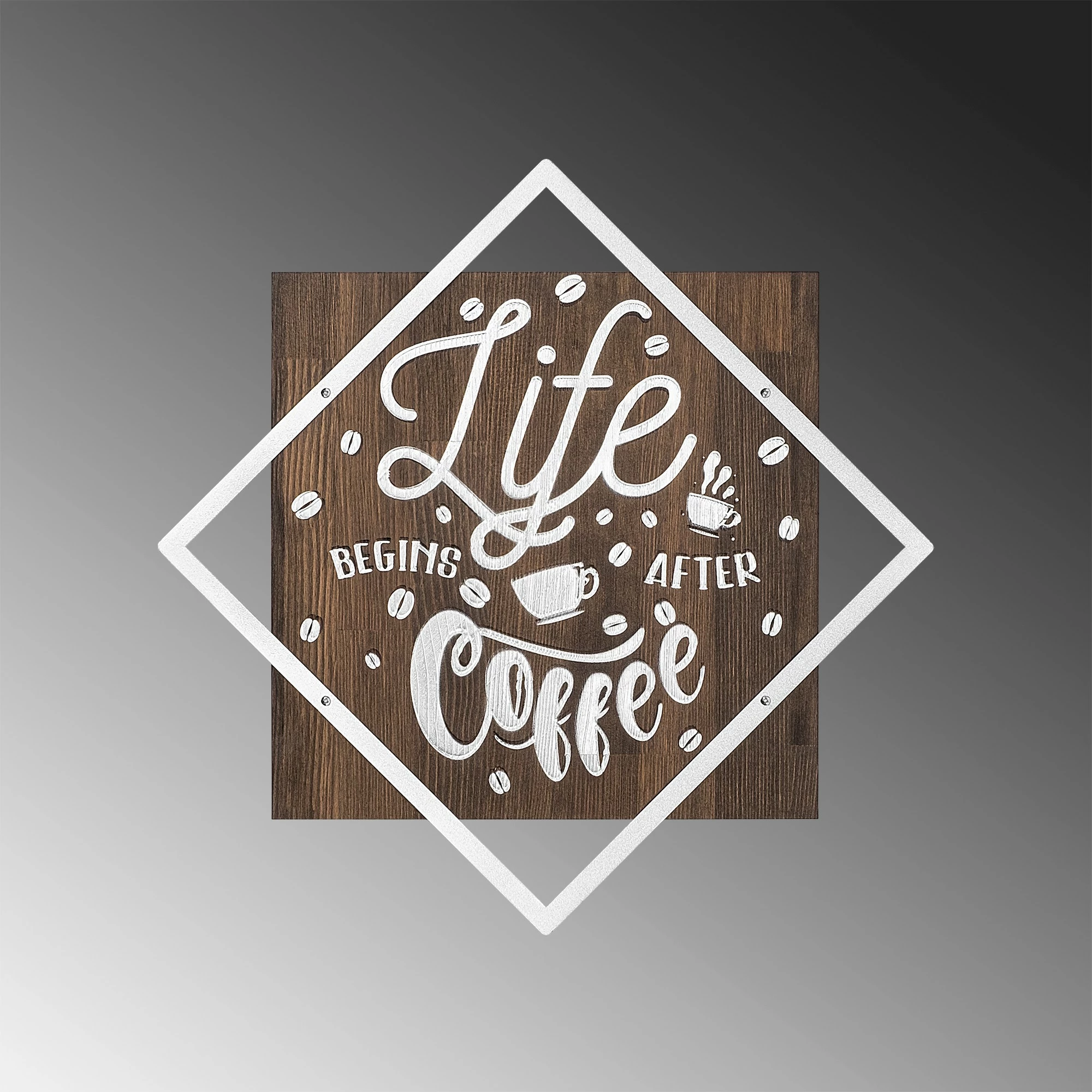Aksesor dekorativ prej druri për mur, Wallity, Life Begins After Coffee, argjend, ngjyrë arre