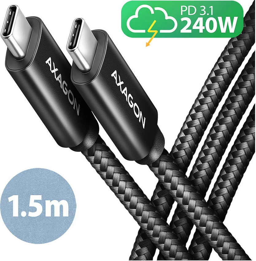 Kabllo karikimi Axagon BUCM2-CM15AB, USB-C në USB-C, 1.5 m, PD 240W, 5A, e zezë