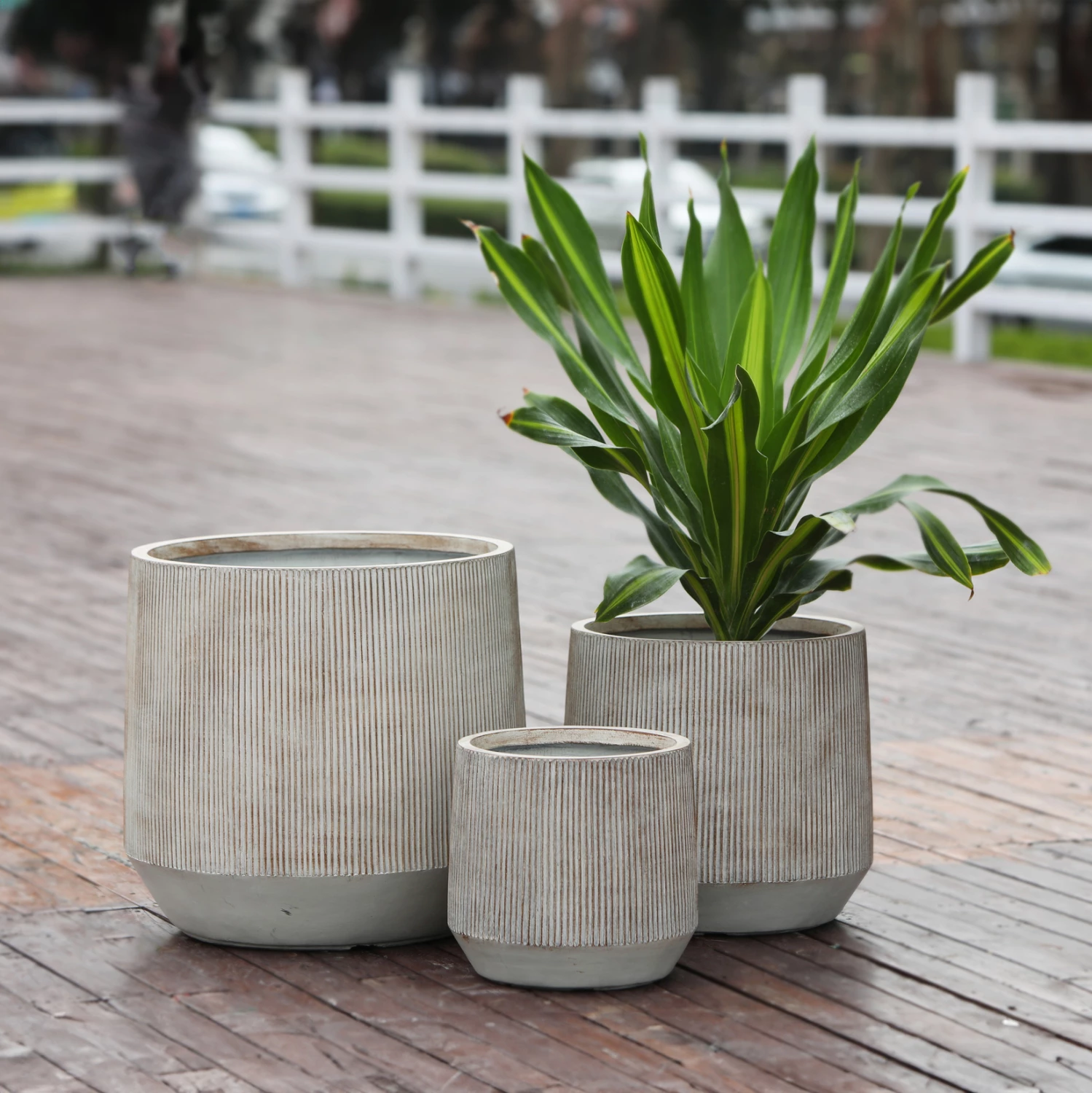 Set vazo të rrumbullakëta për kopsht, 3 copë, ngjyrë çimento, FH4724, FiberClay, Φ55x55Hcm