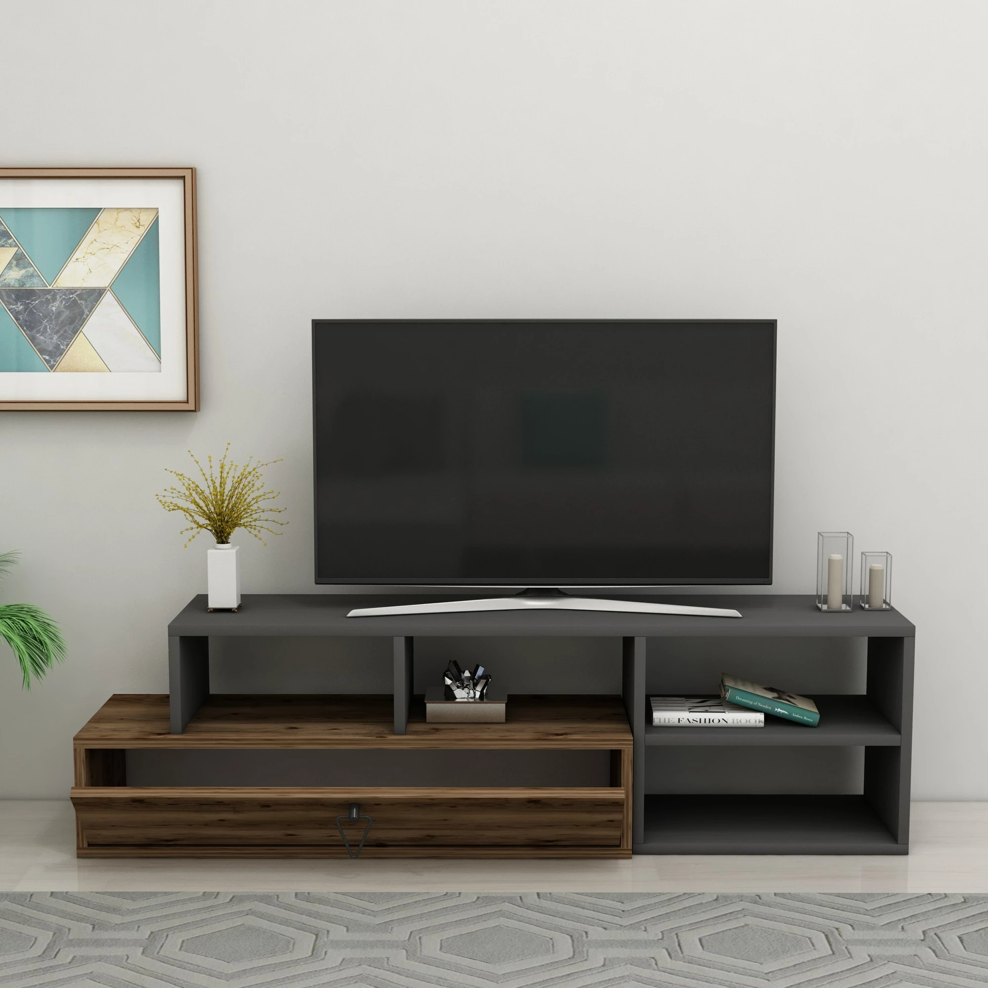 Komodë TV Hanah Home, Duru, ngjyrë arrë e çelët dhe antracit