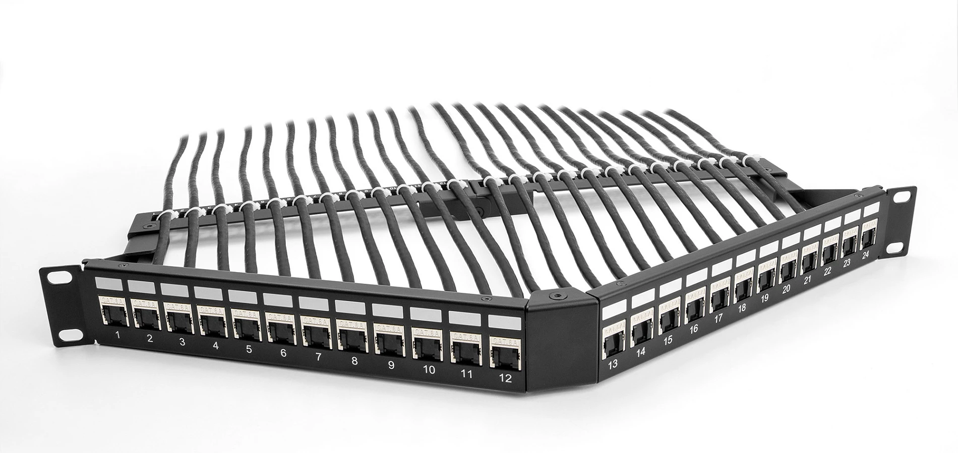 Patch panel DeLOCK 19" Keystone 24 porta, 1U i pjerrët, me strain relief, i zi