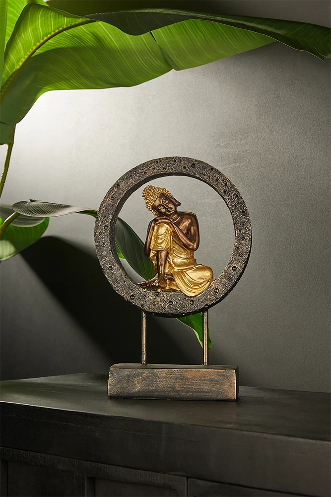 Dekor Buddha rreth, polirezine, e zezë-ari, 24x11x35cm