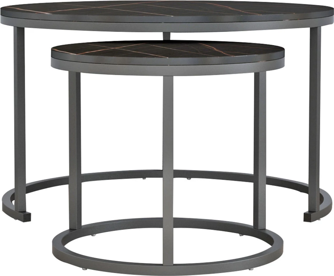 Set 2 tavolina kafeje ΗΜ8763.13, MDF efekt mermeri i zi, këmbë metalike të zeza, Φ80x48cm