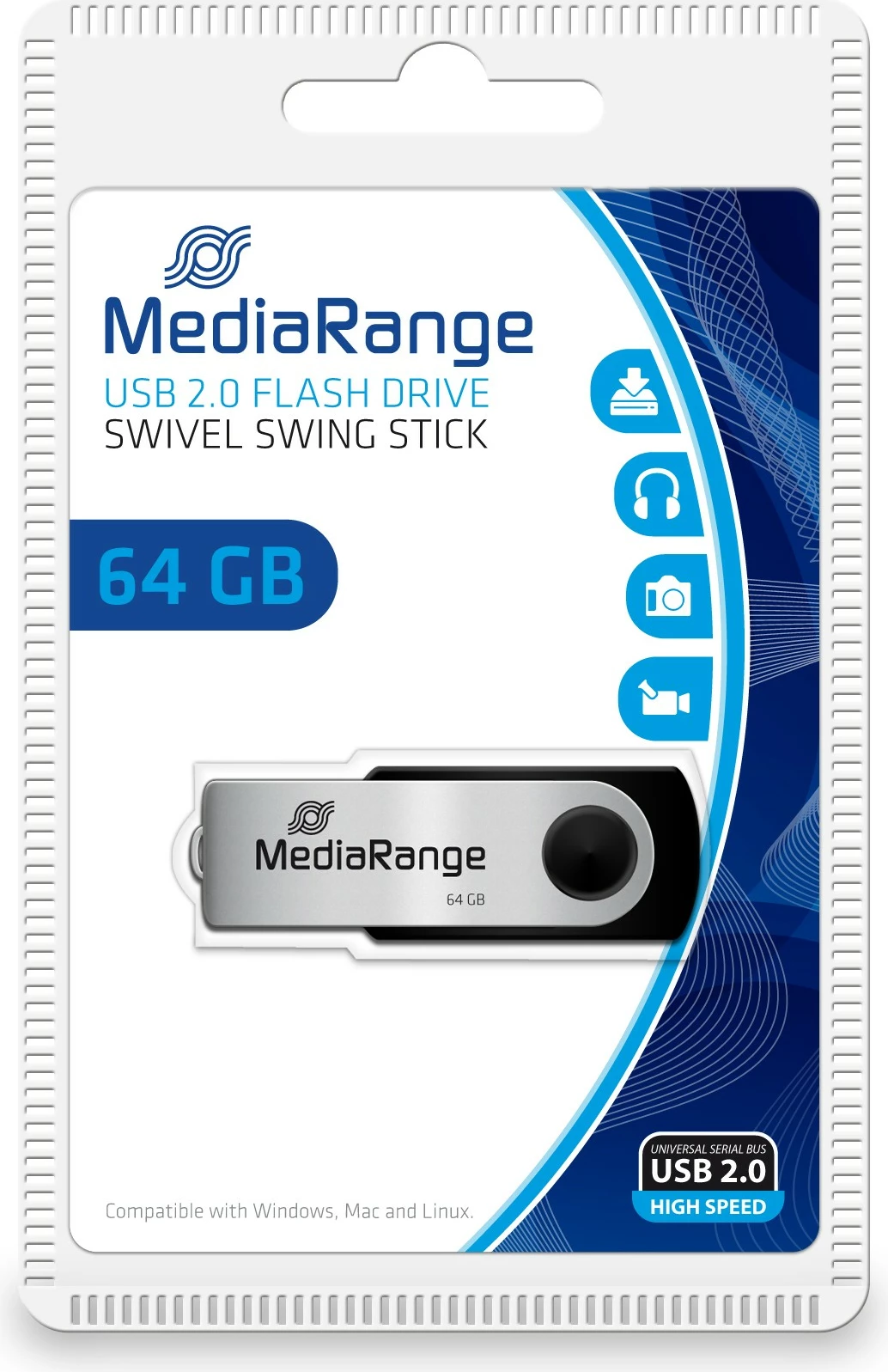 USB stick MediaRange 64GB, USB 2.0, Type-A/Micro-USB, swivel, zi, argjendtë