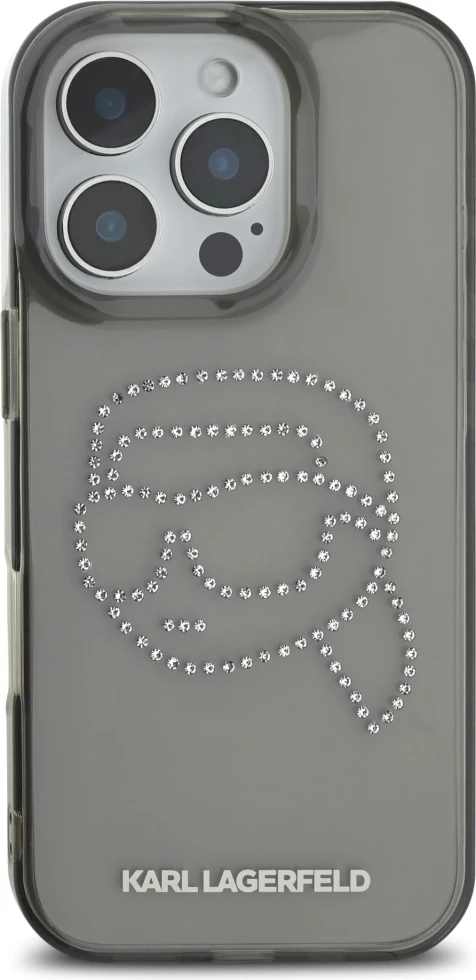 Mbështjellës Karl Lagerfeld IML Rhinestones Karl Head për iPhone 16 Pro, i zi