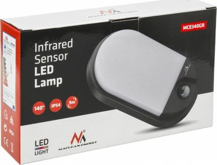 Llambë muri Maclean MCE340 GR LED 15W, sensor lëvizjeje infrakuq, IP54, 4000K, e zezë