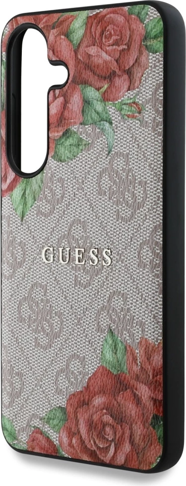 Mbështjellës Guess Leather 4G Flowers Print Metal Classic Logo MagSafe për Samsung Galaxy S25, Rozë