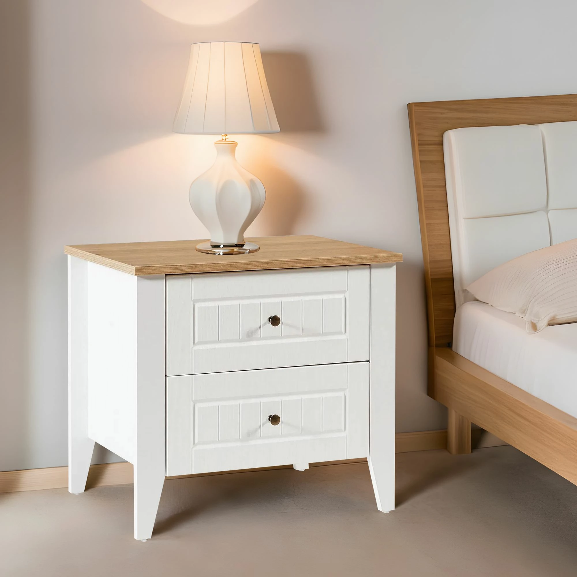 Komodinë nate Skye Decor, ngjyrë e bardhë dhe lis, Tuval 064