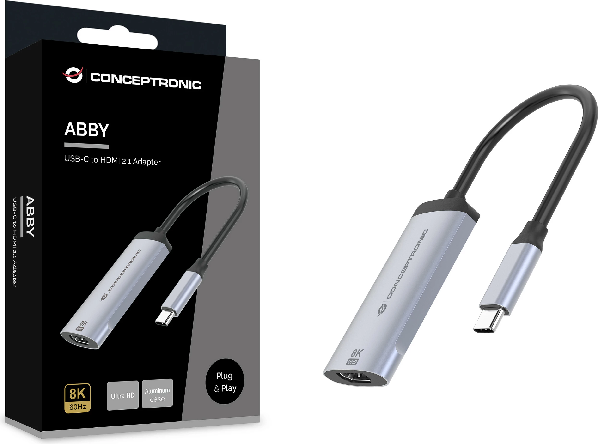 Adapter USB-C në HDMI Conceptronic ABBY23G, HDMI 2.1, 8K 60Hz, 0.15 m, argjendtë