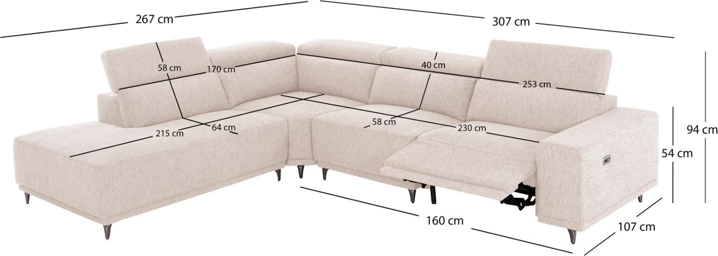 Këndore e majtë 5-vendëshe me recline, stof ecru, LUNARIS CD3316.02L, 307x267x94H