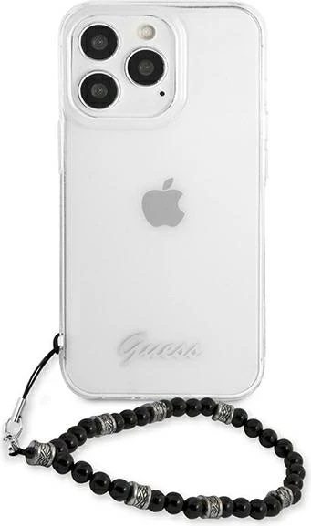 Mbështjellës Guess GUHCP13LKPSBK për iPhone 13/13 Pro 6.1", transparent me varëse perlë, Black Pearl