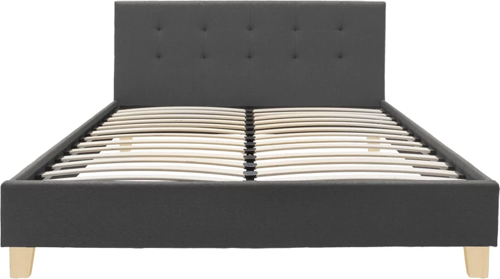 Krevat Mago, material stof ngjyrë gri e errët, këmbë druri natyrale, 160x200cm