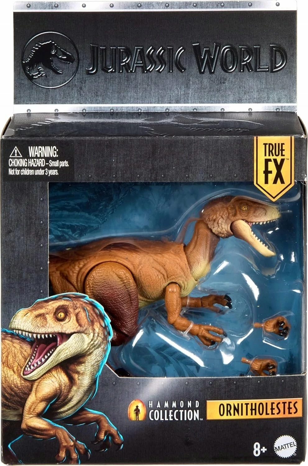 Figurë dinozauri koleksionuese Mattel Jurassic World Hammond Collection Ornitholestes JKM91 23 cm, me putra të ndërrueshme, kafe