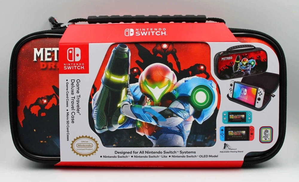 Torbicë udhëtimi e fortë për Nintendo Switch Nacon/Bigben Deluxe Travel Case Metroid Dread, kompatibile Switch/OLED/Lite, me mbajtëse kartele & microSD, kuqe/zezë, set 4 copë