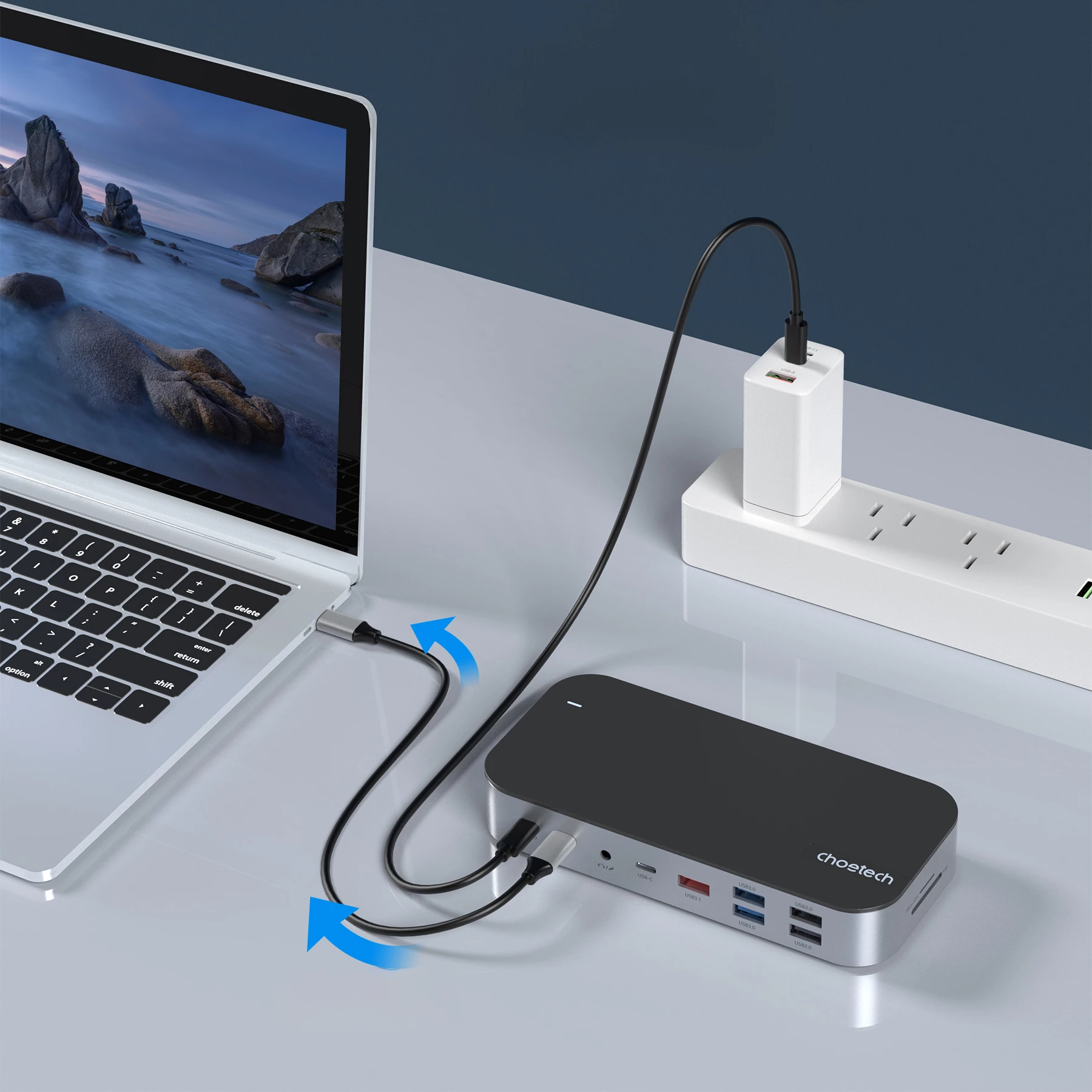 Kasë Choetech HUB-M52, USB-C, HDMI, VGA, DP, SD, RJ45, Gri