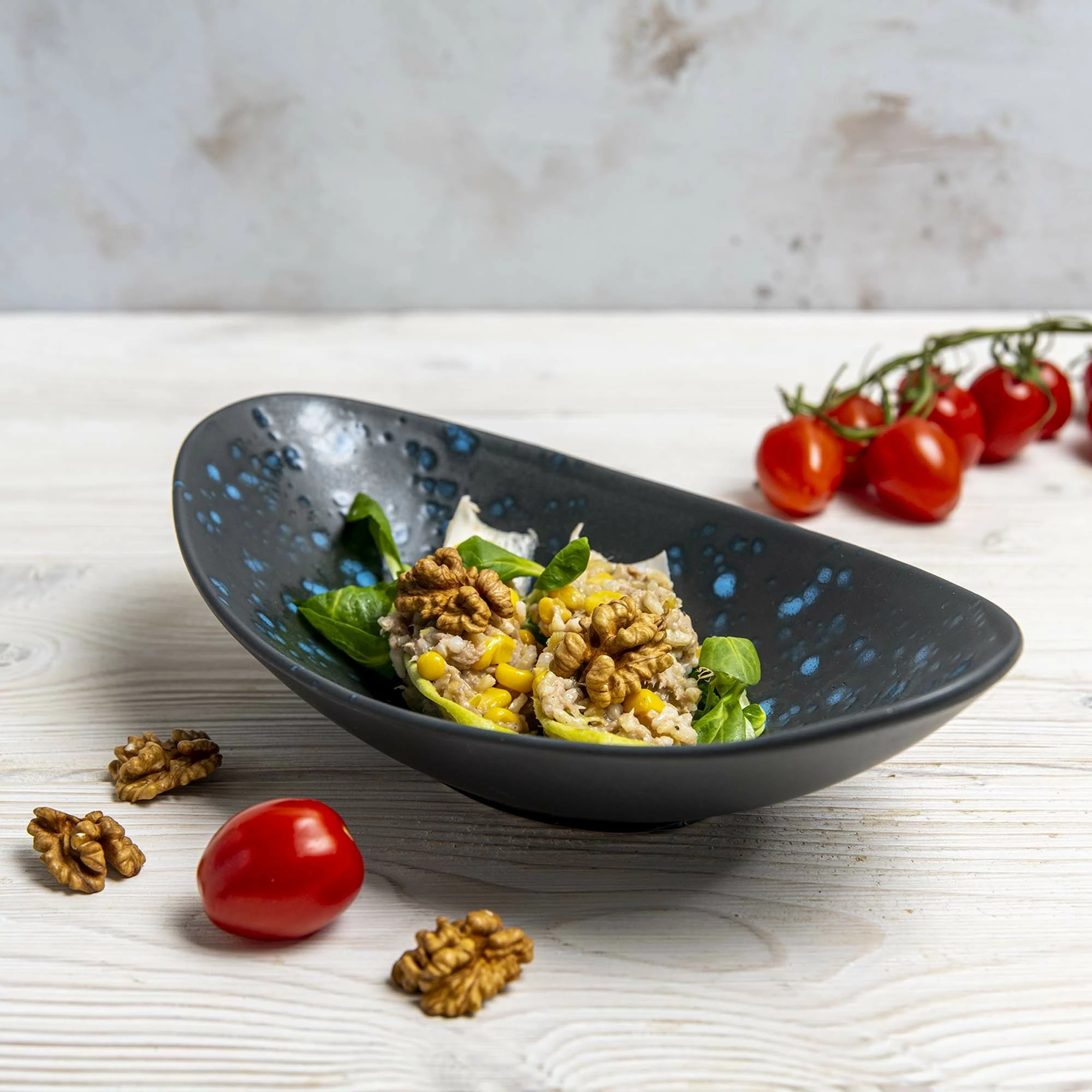 Pjatë nënfilxhani cappuccino Fine Dine Flora 160 mm, e zezë me pika blu, set 6 copë