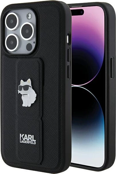 Mbështjellës Karl Lagerfeld Gripstand Saffiano Choupette Pins për iPhone 15 Pro Max, i zi