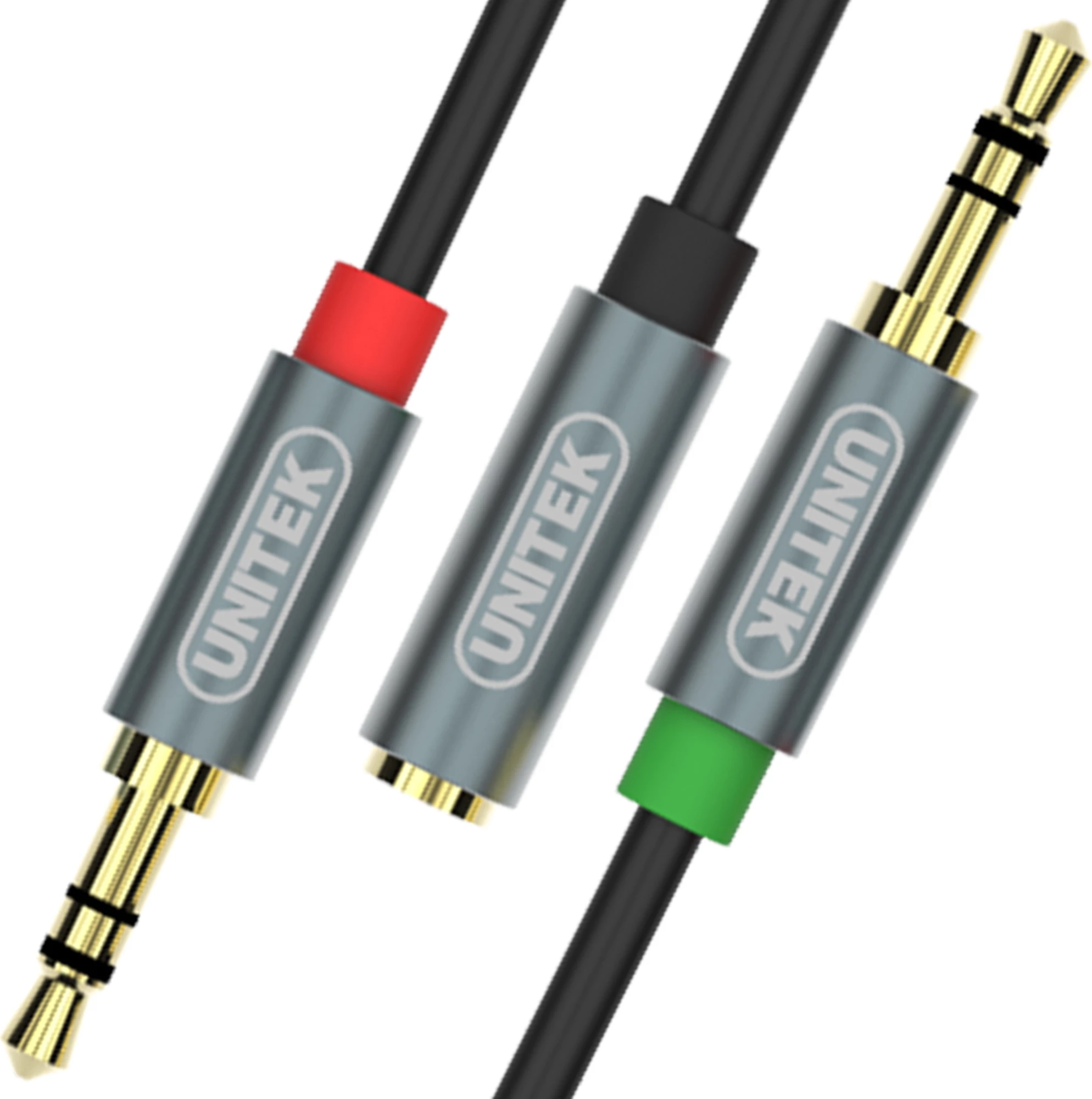 Kabllo/adapter ndarës AUX Unitek Y-C957ABK, 0.2 m, Jack 3.5mm (femër) në 2x Jack 3.5mm (meshkuj), argjendtë