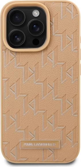 Mbështjellës Karl Lagerfeld për iPhone 16 Pro, lëkurë, MagSafe, Bezhë