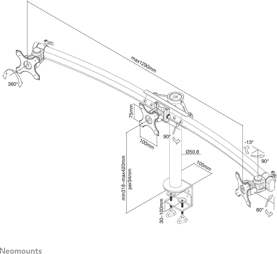 Mbajtës monitori tavoline Neomounts FPMA-D700D3, Clamp, 8 kg, 10"-27", i zi