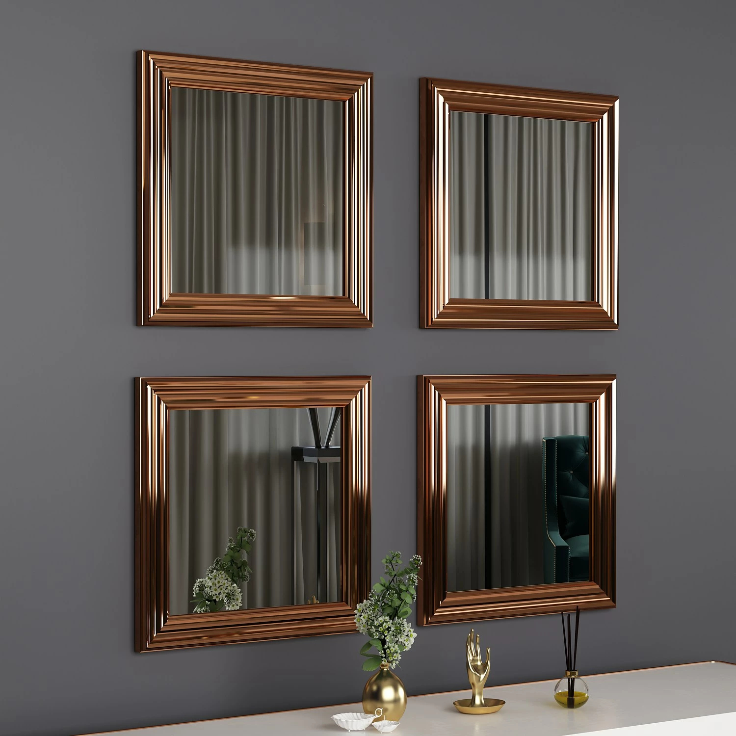 Set pasqyrash (4 copë), Hanah Home, Loza, bronzi