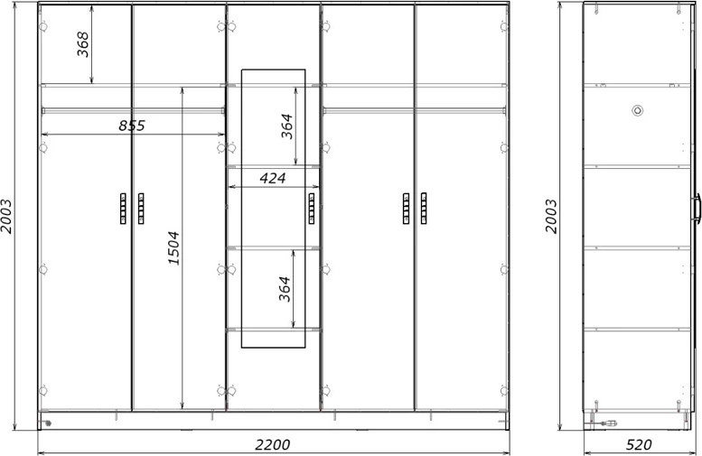 Dollap pesë-fletësh me pasqyrë, ngjyrë wenge, 220x52x200cm