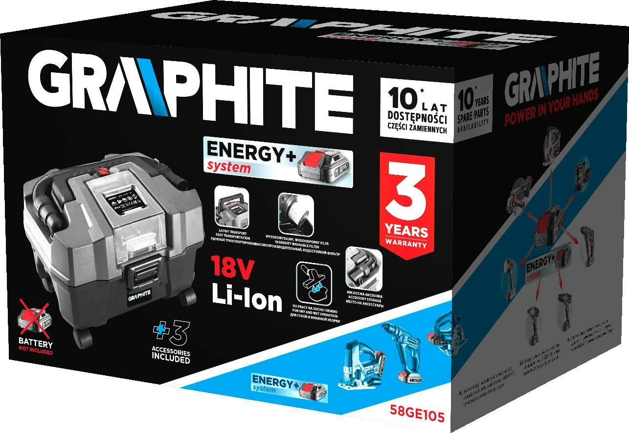 Fshesë industriale me bateri Graphite 58GE105 10L HEPA, funksion fryrjeje, punë e thatë/e lagësht, zi/gri
