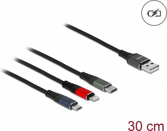 Kabllo karikimi DeLOCK 3-në-1 USB-A në Lightning/Micro-USB/USB-C, 30 cm, 3A, zi/blu/jeshile/kuqe