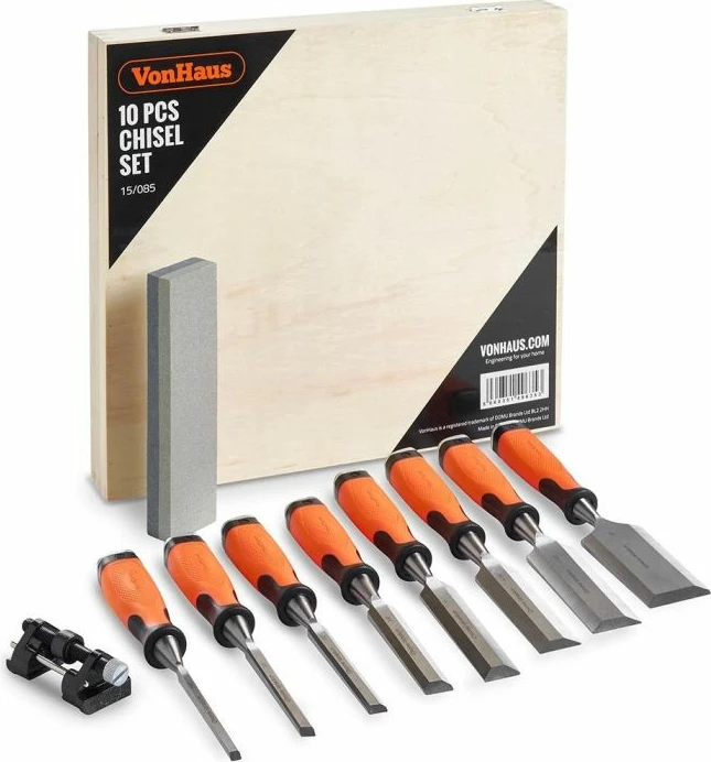 Set daltash për dru VonHaus 3515085, çelik krom-vanadium, me kapak goditjeje metalik, me udhëzues mprehjeje dhe gur mprehës, portokalli/zezë, set 10 copë