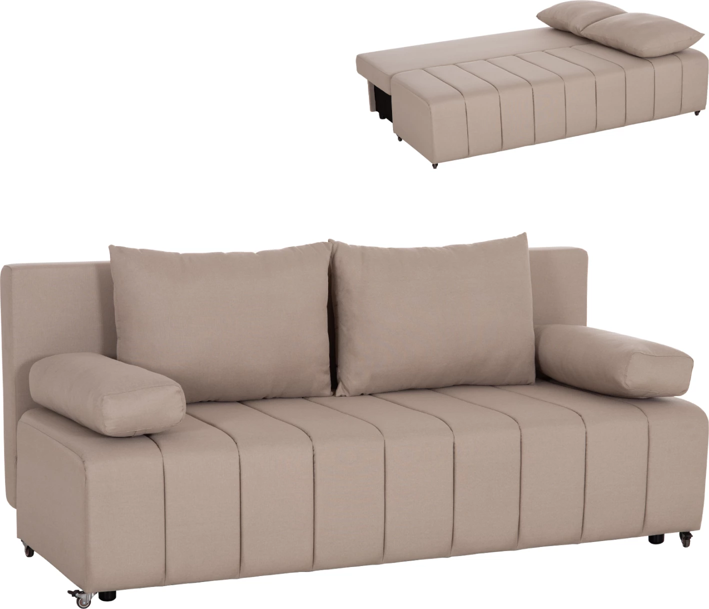 Krevat-sofa 3 vendesh KEND, material stof, bezhë e çelët, 188x85x82cm