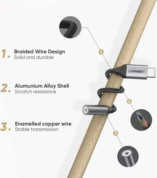 Kabllo adapter audio USB-C në 3.5mm UGREEN 30632, 10cm, TRRS CTIA/OMTP, polybag, gri e errët