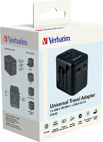 Adapter universal udhëtimi Verbatim UTA-02, 1x USB-A, 1x USB-C, 2500W, i zi