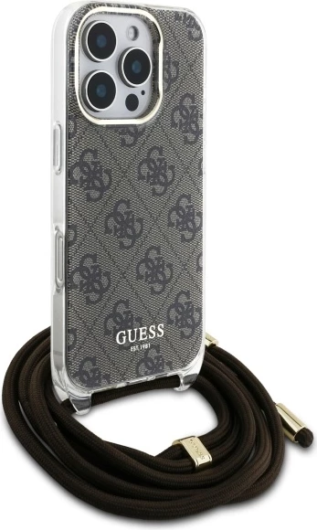 Mbështjellës Guess Crossbody Cord 4G Print për iPhone 16 Pro, Kafe