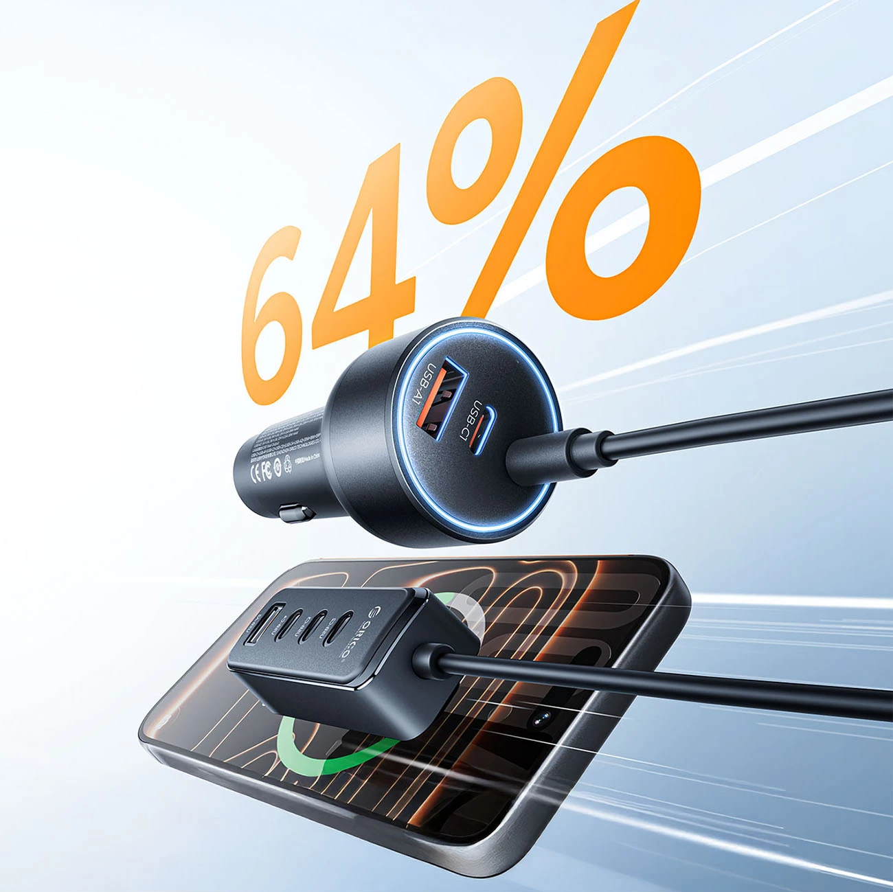 Karikues veture Orico ChargeClip 108W 2x USB-A + 4x USB-C me kapëse, i zi