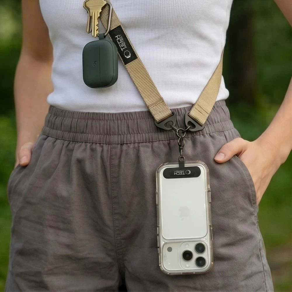 Litar crossbody për celular Tech-Protect C9S Rope Crossbody, i rregullueshëm 91–140 cm, nylon, kapëse magnetike, MOLLE, Beige, set me 2 adapter nën mbështjellës + 2 loop adapter