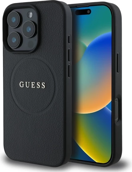 Mbështjellës Guess Grained Gold Ring MagSafe për iPhone 16 Pro Max, i zi