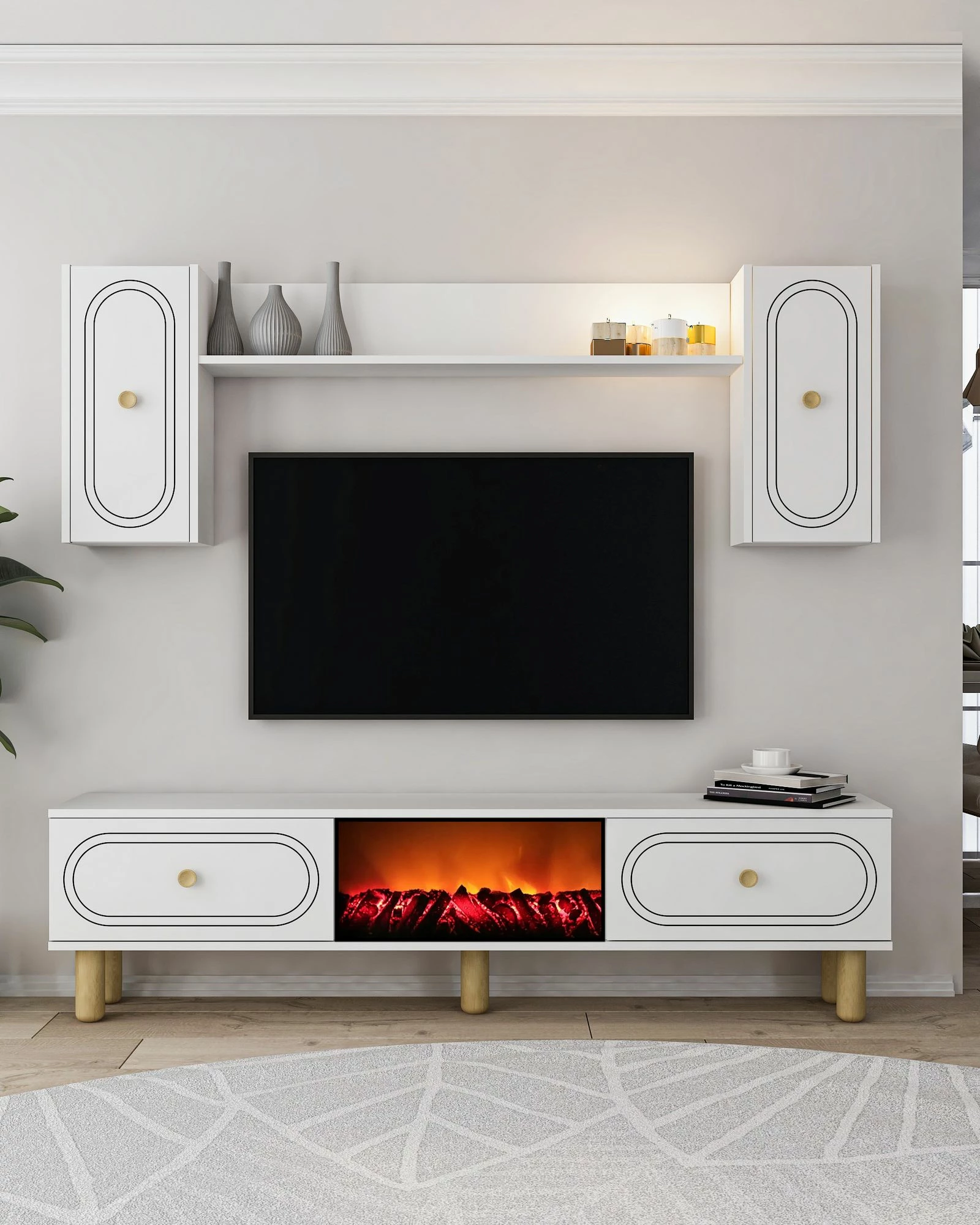 Njësi TV Skye Decor, oxhak dekorativ Polen Bohem, e bardhë